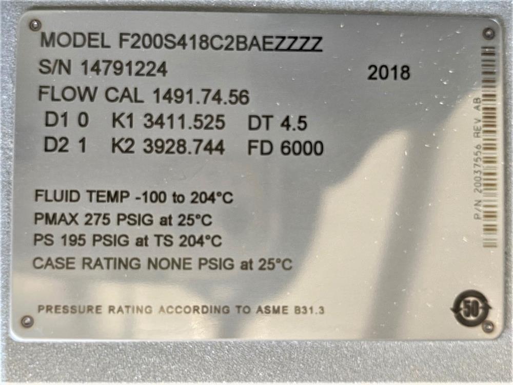 Micro Motion 2" x 1-1/2" 150# 316 Stainless Flow Meter F200S418C2BAEZZZZ (H)